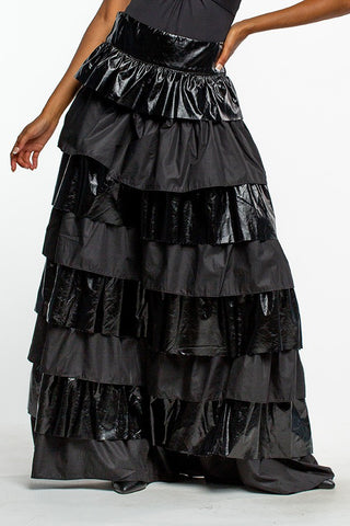Black Tiered Faux Leather Maxi Skirt