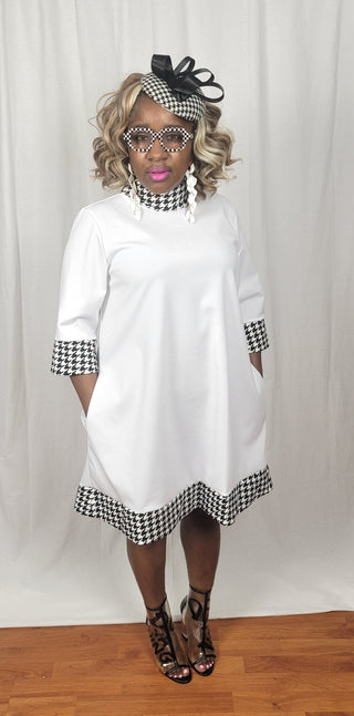 White Swing Dress with Houndstooth trim