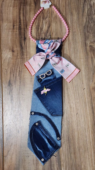 Two Tone Denim Removable Scarf Necktie Pearl Necklace