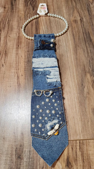 Blue Denim Pearl Necktie Pearl Necklace