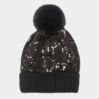 Black Sequin Pom Pom Hat