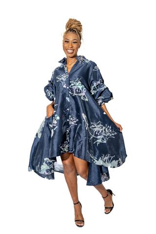 Navy Blue Splatter Hi Lo Shirt Dress