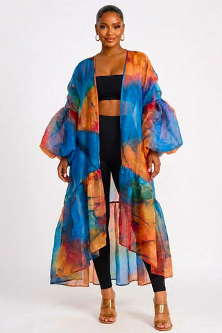 Fall Flyness Puff Sleeve Ruffle Kimono Cardigan