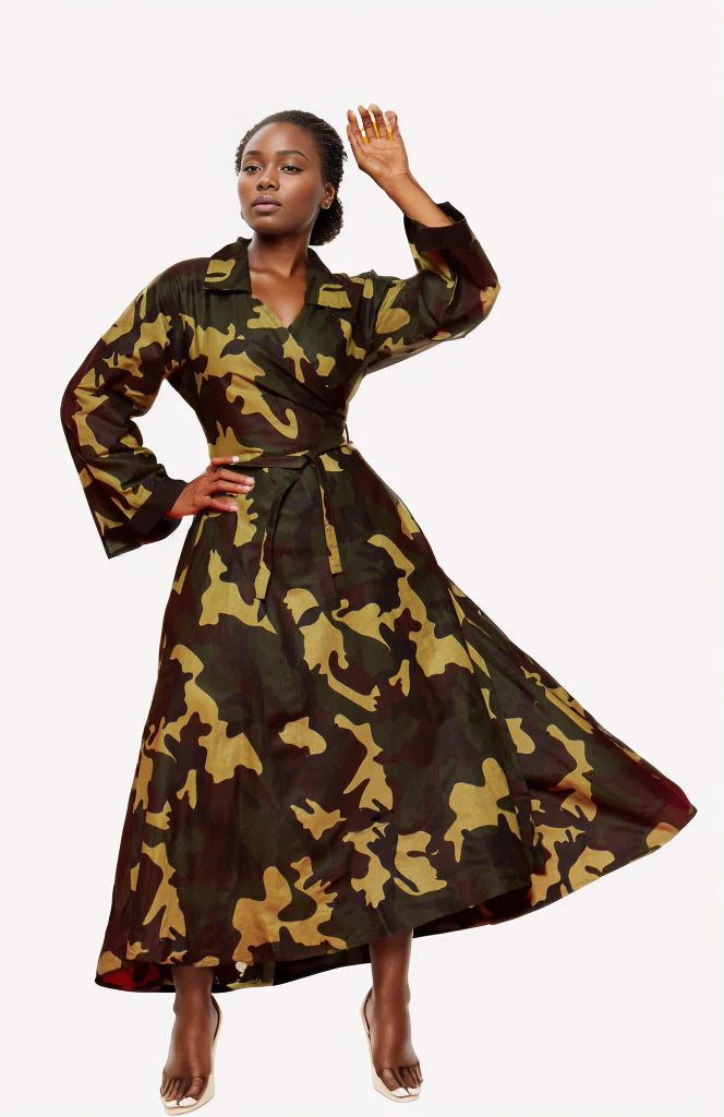 Womens Camouflage Camouflage Wrap Dress Camo Maxi Dress With Faux Leather Obi Belt Cotton Military Print Womens Camouflage Camouflage Wrap Dress Camo Maxi Dress With Faux Leather Obi Belt Cotton Military Print