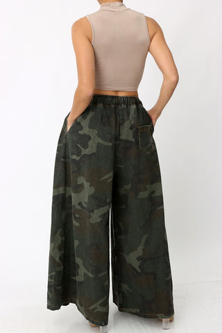 Camouflage Denim Wide Leg Pants