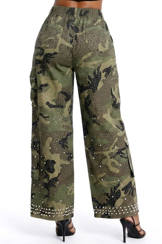 Camouflage Pearl Rhinestone Cargo Pants