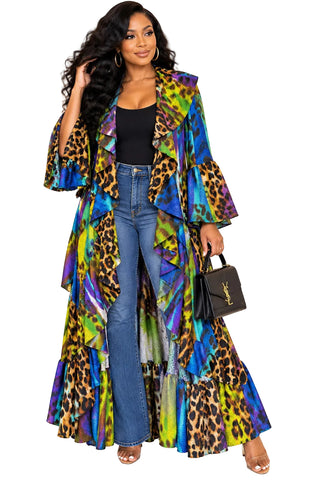 Leopard Colorful Ruffle Open Cardigan