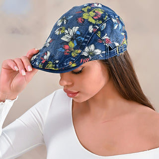 Dark Blue Flower Denim Newsboy Hat