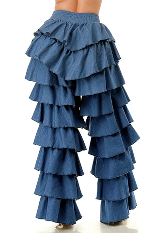 Denim Ruffle Tiered Pants