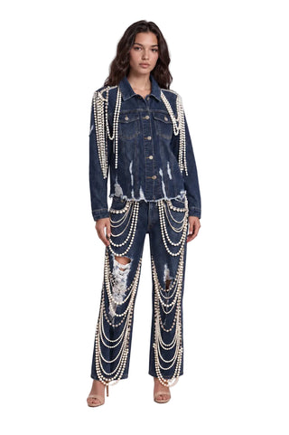 Dark Blue Pearl Rhinestone Denim Jeans