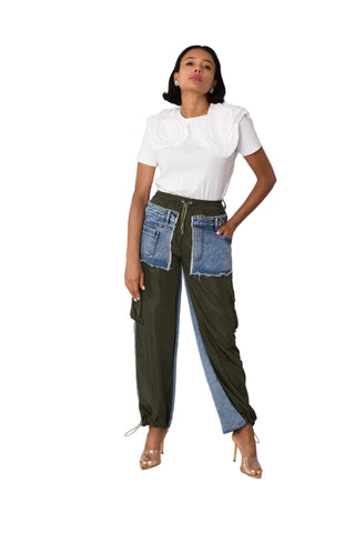 Olive Denim Drawstring Cargo Pants