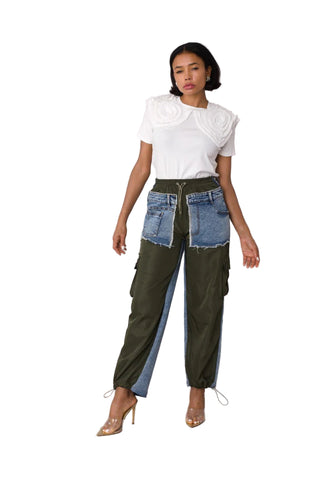 Olive Denim Drawstring Cargo Pants