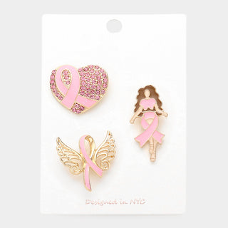 Gold Pink Ribbon Heart Angel Woman 3 Piece Brooch Set