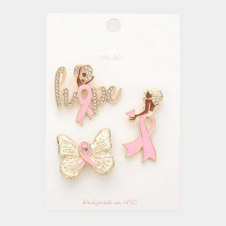 Gold Pink Ribbon Hope Butterfly Afro 3 Piece Brooch Set