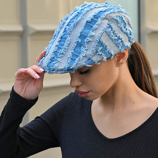 Fringed Distresed Two Tone Denim Beret Cap