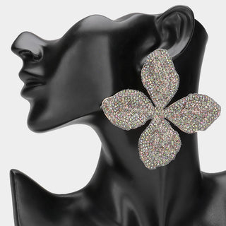 Silver Oversized Bling Studded Leaf Earrings
