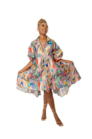 Coloful Marble Swirl Hi Lo Shirt Dress