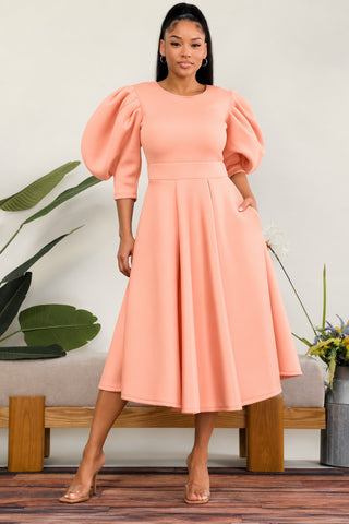 Peach Puff Sleeve Midi Dress