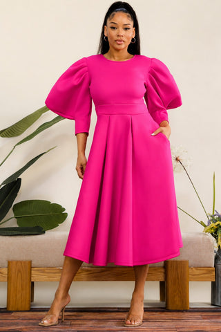 Pink Puff Sleeve Midi Dress