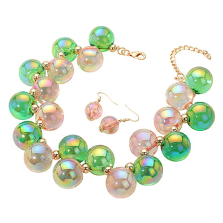 Pink & Green Iridescent Bubble Ball Bead Necklace Set