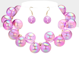 Purple Iridescent Bubble Ball Bead Necklace Set