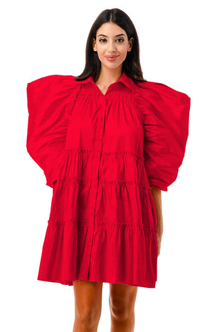 Red Ruched Puff Baby Doll Dress