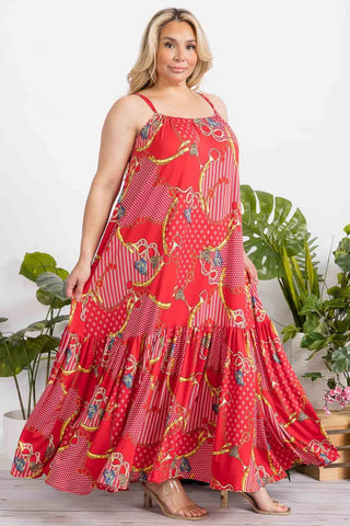 Red & Gold Chain Pattern Maxi Dress