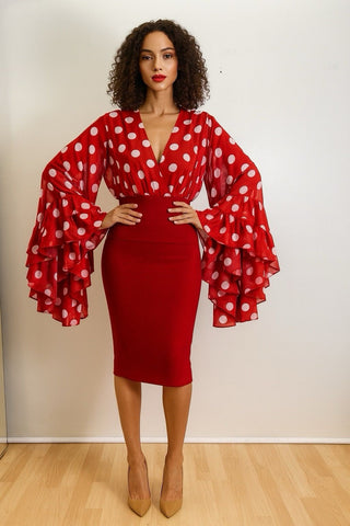Red Polka Dot Bell Sleeve Blouse