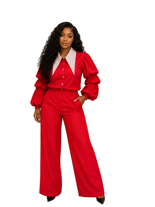 Red Stripe Collar Pant Set