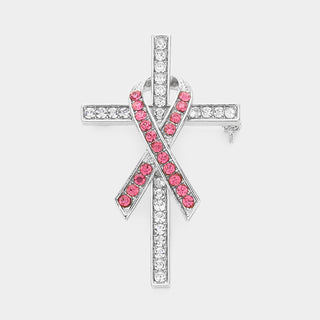 Rhinestone Cross Ribbon Pin Brooch