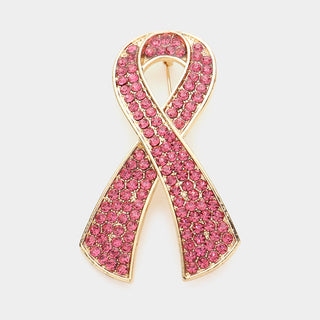 Rhinestone Embellished Pink Ribbon Pin Brooch