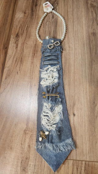 Distress Blue Denim Pearl Necktie Necklace