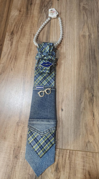 Denim Plaid Pearl Necktie Necklace