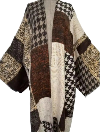 Houndstooth Brown Open Kimono Duster
