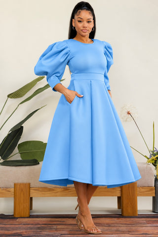 Sky Blue Puff Sleeve Midi Dress