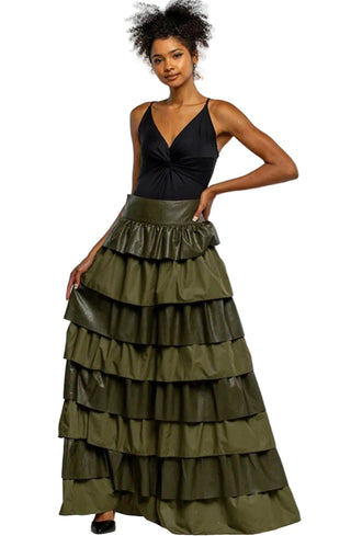 Olive Tiered Faux Leather Maxi Skirt