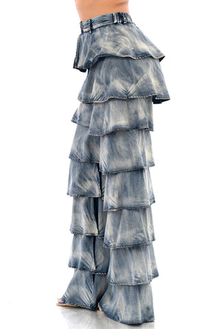 Ashwash Blue Denim Ruffle Tiered Pants