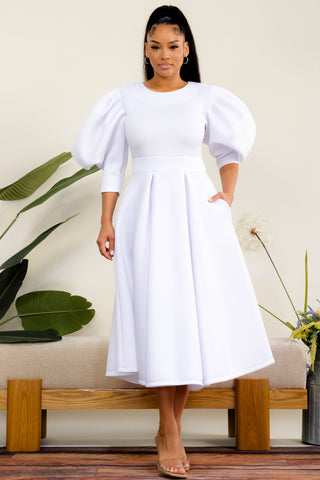 White Puff Sleeve Scuba Dress