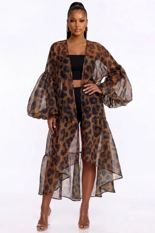 Leopard Puff Sleeve Ruffle Kimono Cardigan