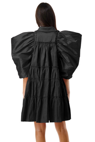 Black Ruched Puff Baby Doll Dress