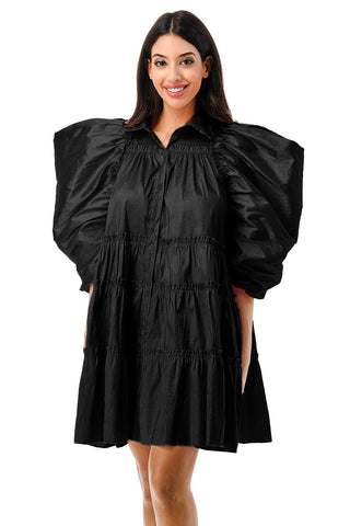 Black Ruched Puff Baby Doll Dress