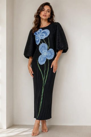 Black Crinkle Blue Tulip Dress