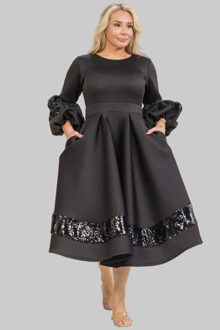 Black Sequin Trim Ballon Sleeve Scuba Dress