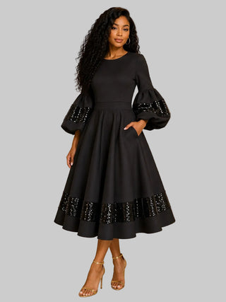 Black Sequin Trim Ballon Sleeve Scuba Dress