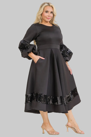 Black Sequin Trim Ballon Sleeve Scuba Dress