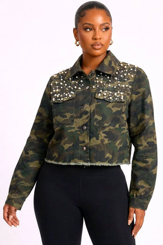 Camouflage Pearl & Rhinestone  Crop Jacket