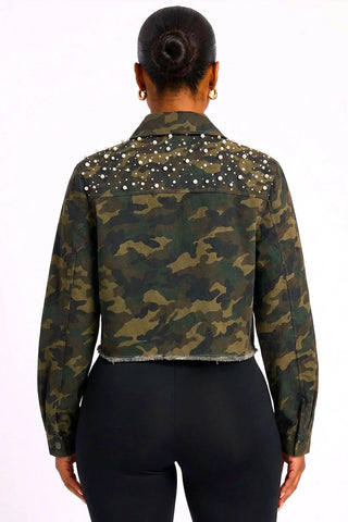 Camouflage Pearl & Rhinestone  Crop Jacket