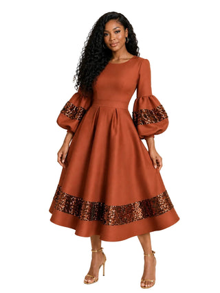 Cognac Sequin Bell Sleeve Midi Dress
