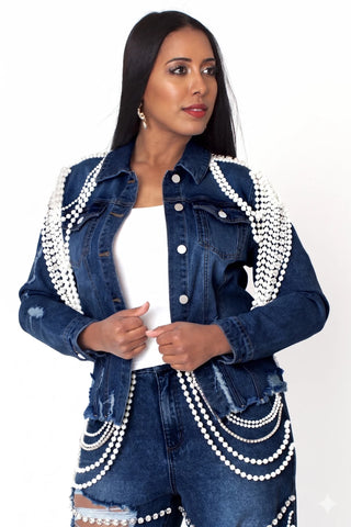 Dark Blue Pearl Rhinestone Denim Jacket