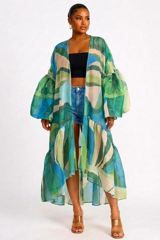 Ocean Blue Puff Sleeve Ruffle Kimono Cardigan